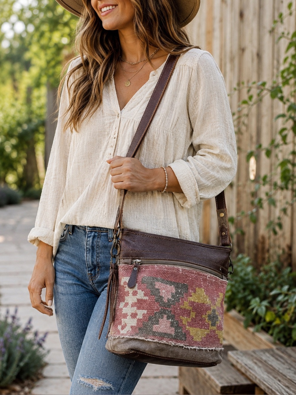 Myra Leather & Canvas Aztec Crossbody Bag Adjustable Strap Boho Western Purse